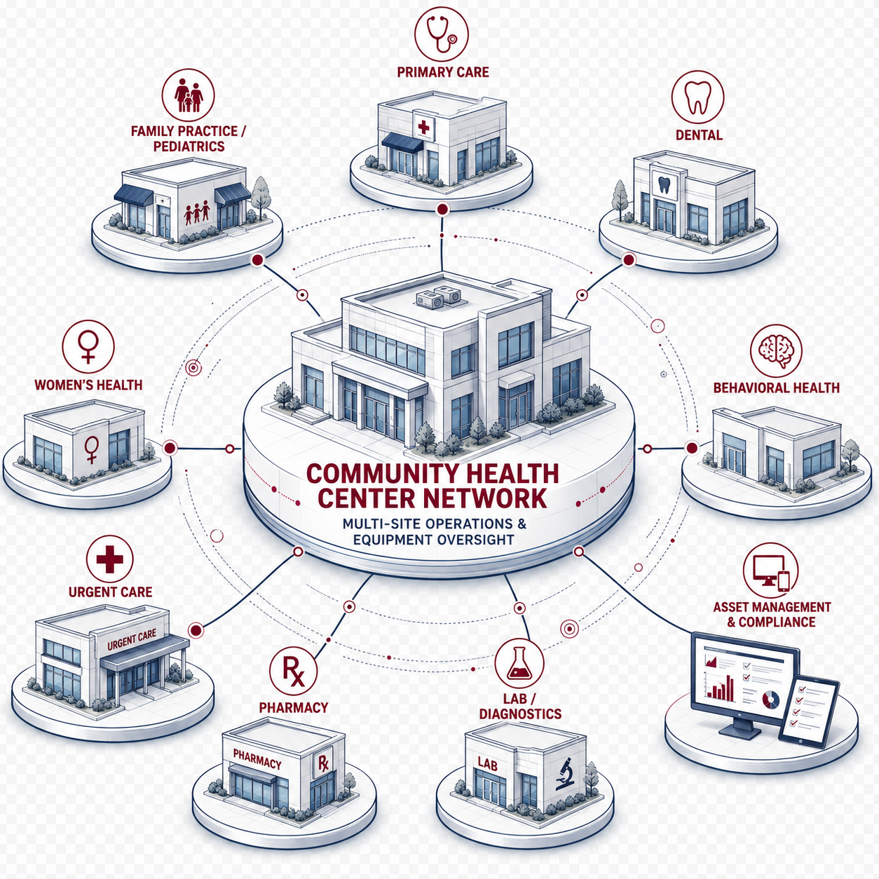 Community health center network — multi-site operations and equipment oversight