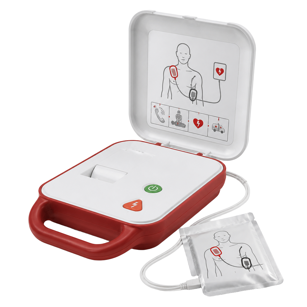 Automated external defibrillator with heart-and-lightning shock button