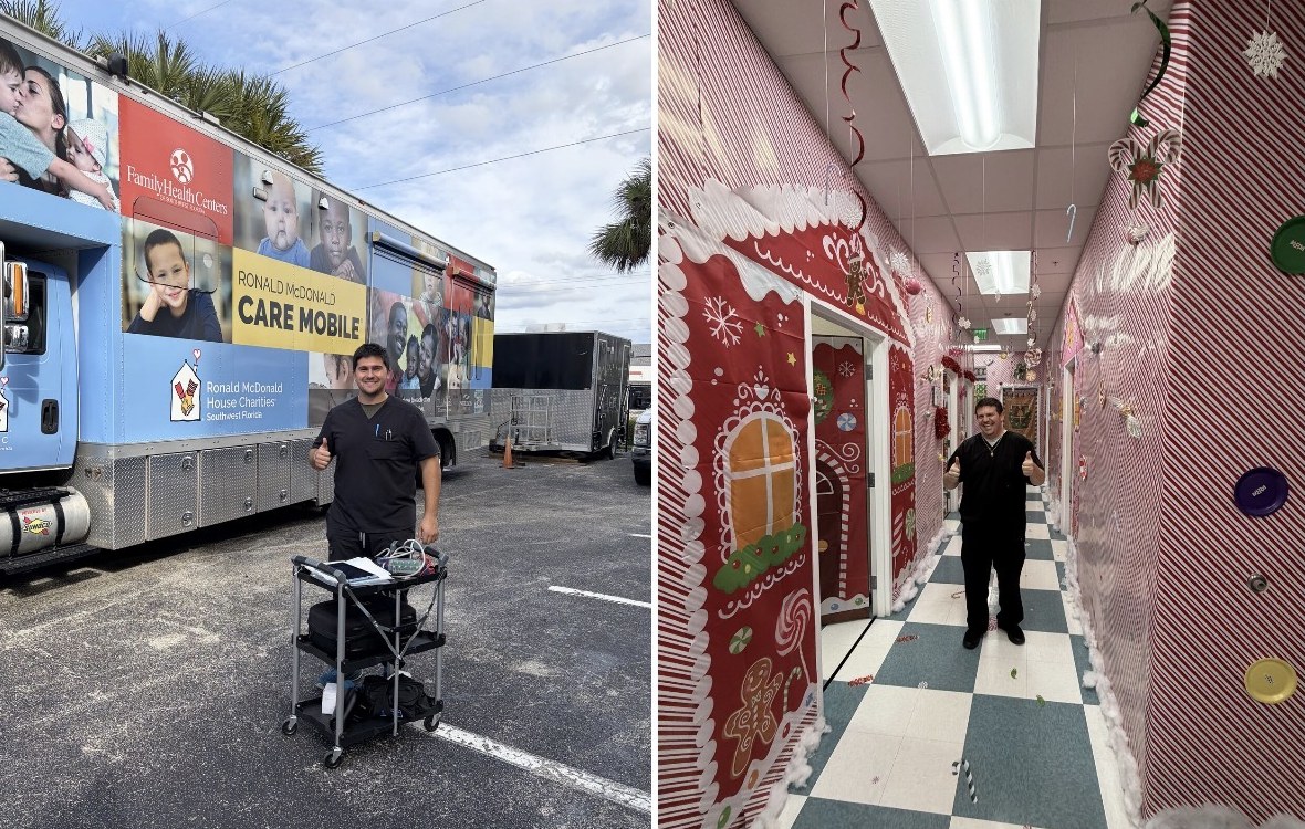 PBES tech with the Ronald McDonald Care Mobile and holiday-decorated clinic hallway