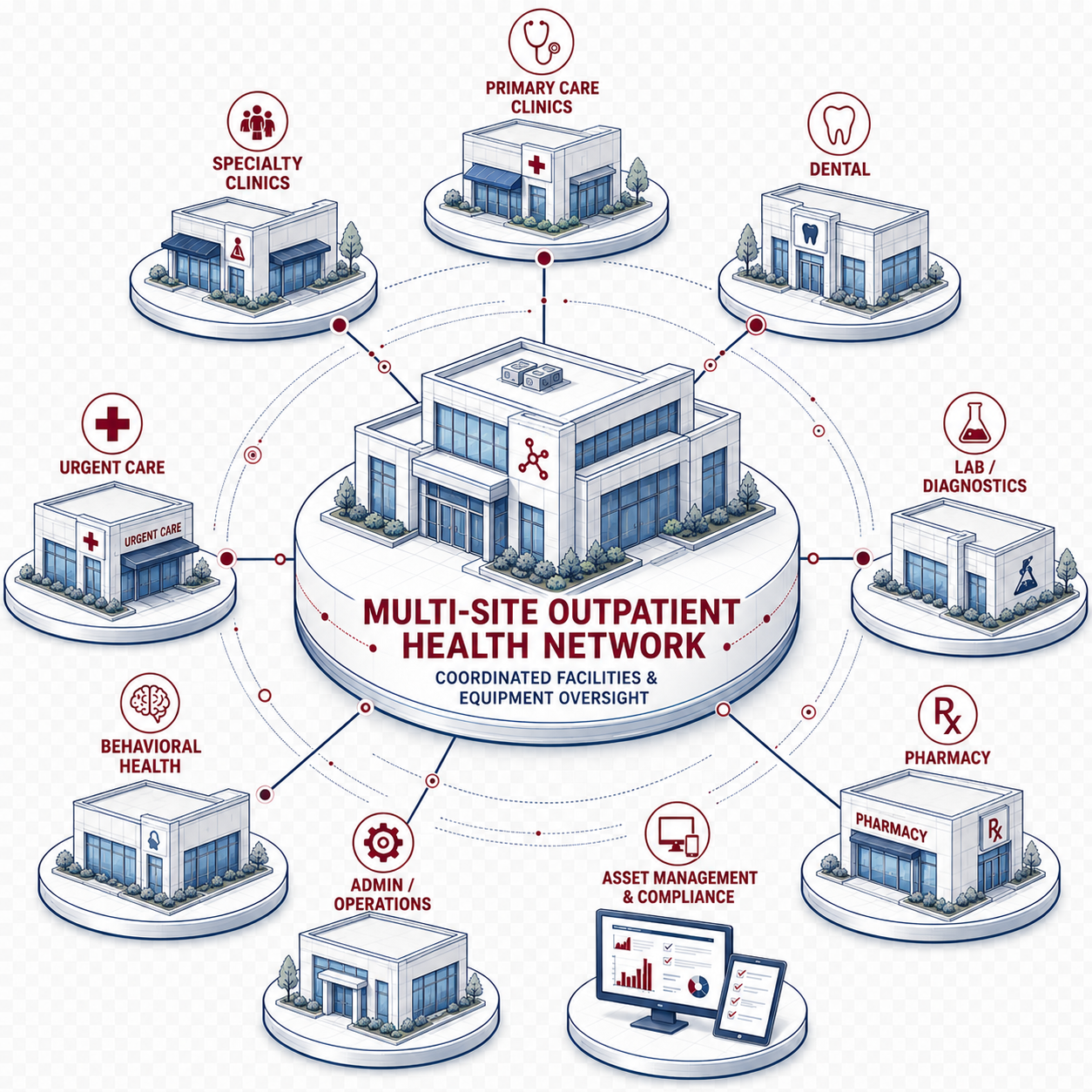Multi-site outpatient health network — coordinated facilities and equipment oversight