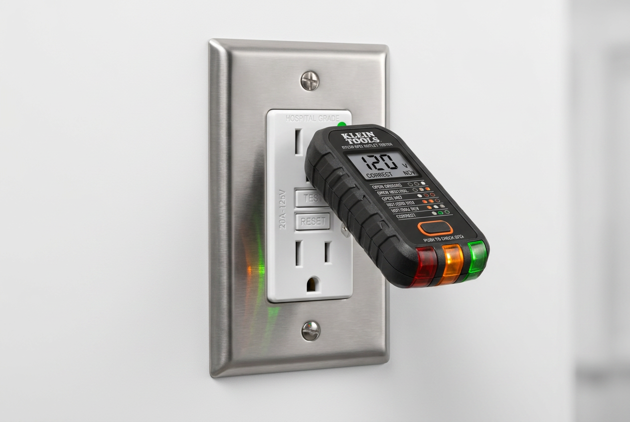 Hospital-grade GFCI receptacle in a stainless faceplate with a handheld receptacle tester plugged in