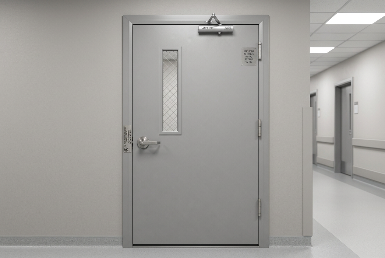 Fire-rated steel corridor door assembly with rating label, overhead closer, and latching lever hardware