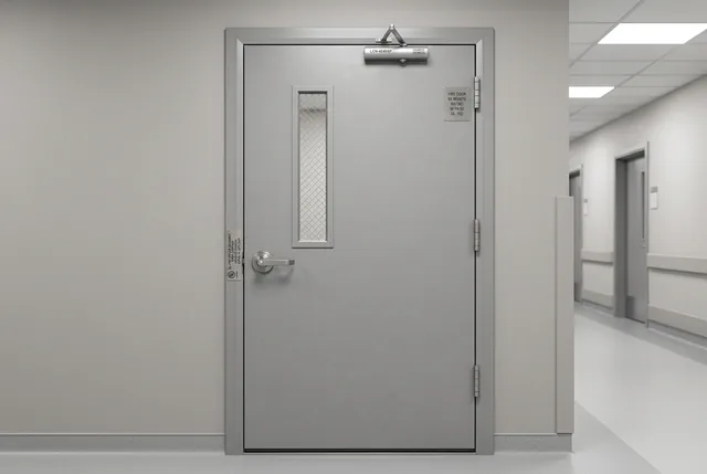 Fire-rated steel corridor door assembly with rating label, overhead closer, and latching lever hardware